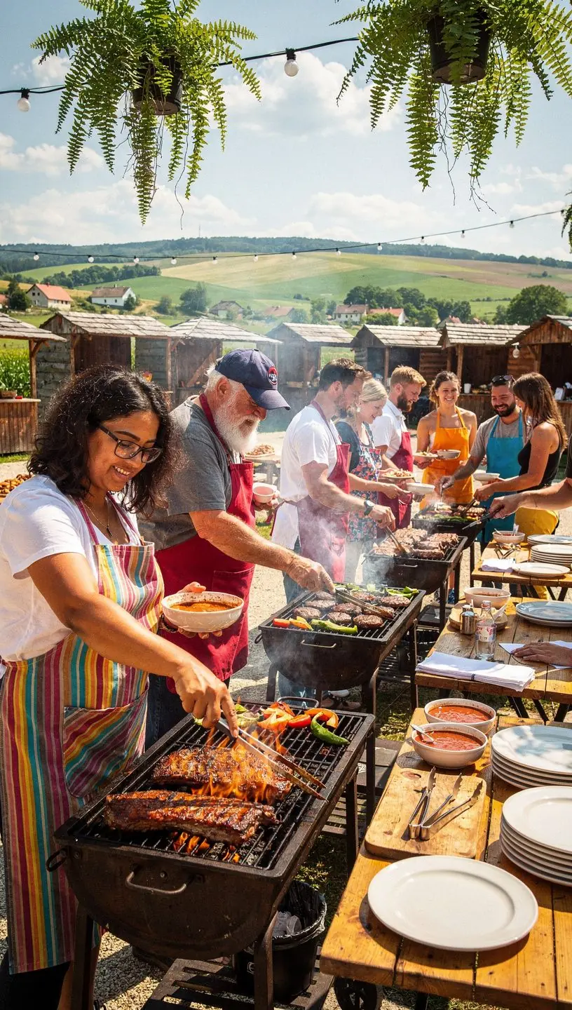 Különböző fűszerek és szószok sorakoznak egy asztalon, készülve a grillezéshez.