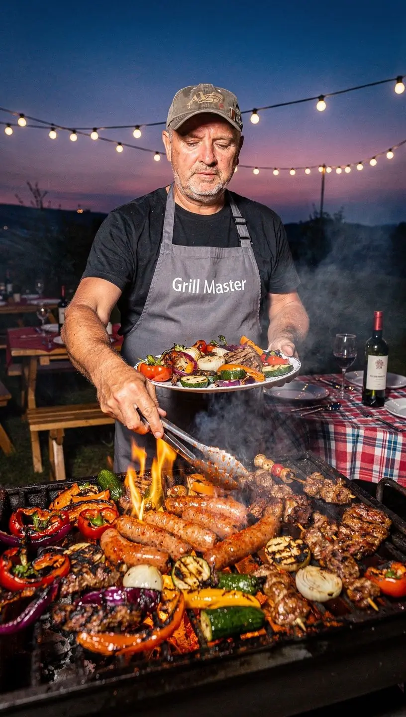 Egy férfi ügyesen forgatja a faszenes grillen a húsokat, miközben lángok csapnak fel.