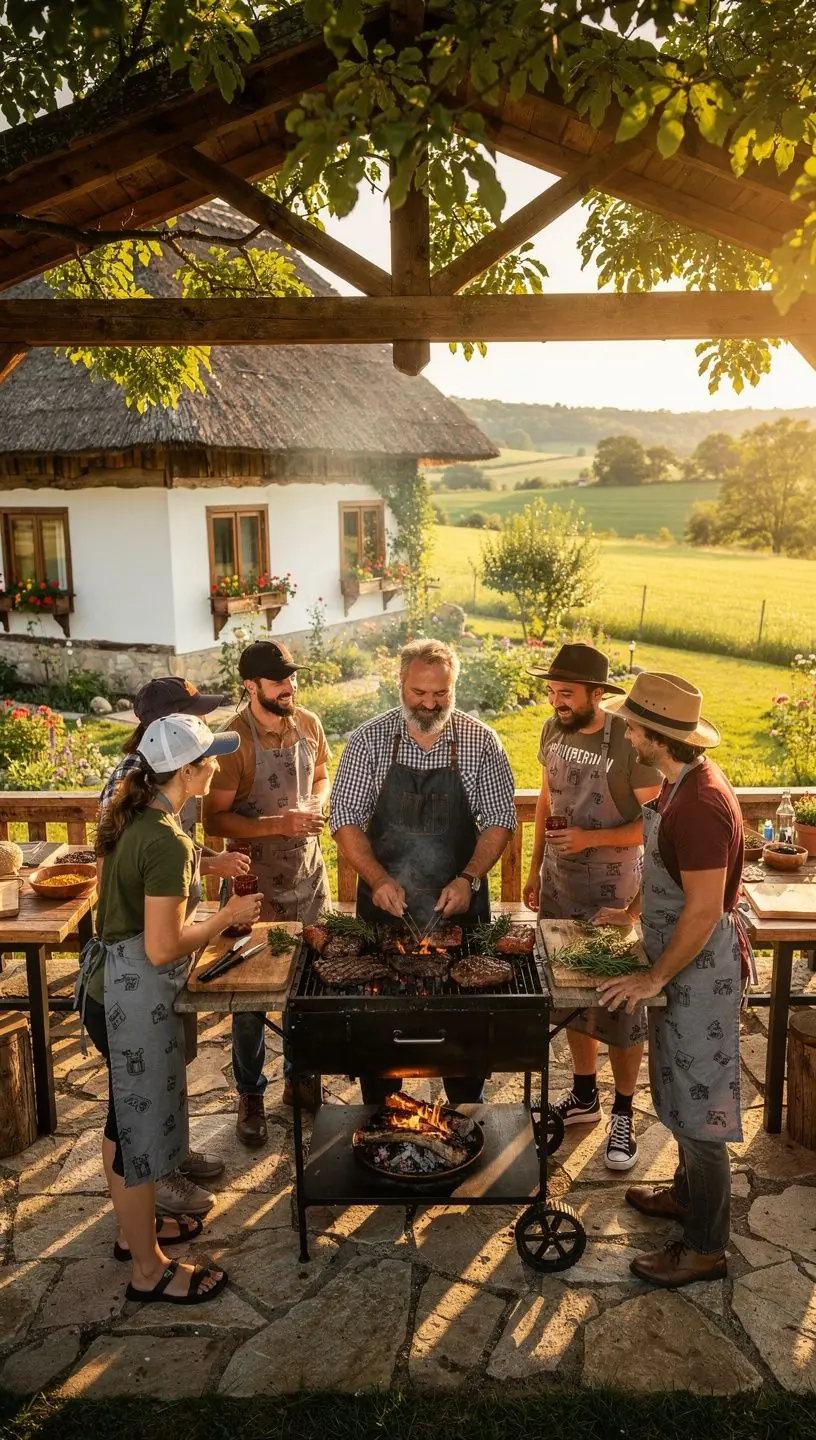 Grillezés közben sülő húsok és zöldségek színes tálcán, füstölő szag terjeng a levegőben.